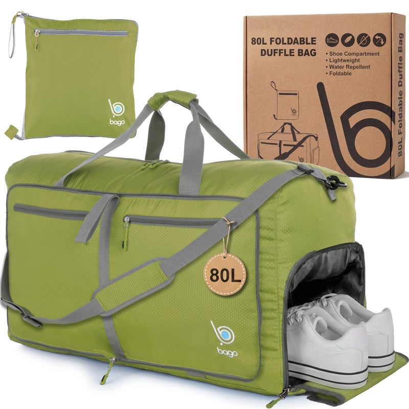 Bago Large Foldable Duffel Bags for Traveling Women & Men - 80L Packable Duffle Bag for Travel with Shoe Compartment - Water Repellant, Heavy Duty, Lightweight Folding & Collapsible (Green) - Image 1